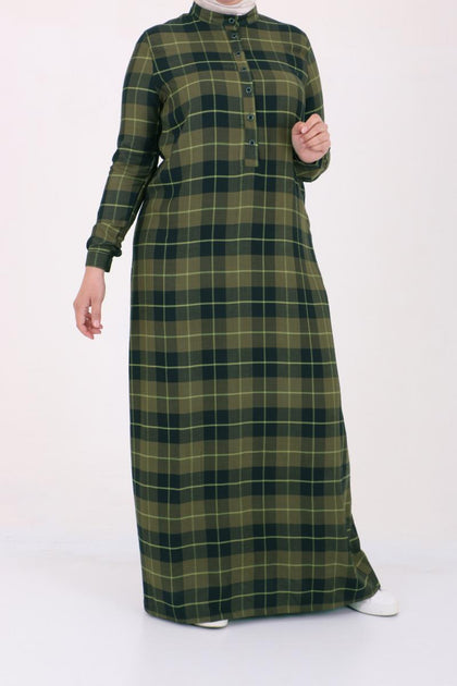 Women's Oversize Half Button Plaid Green Dress