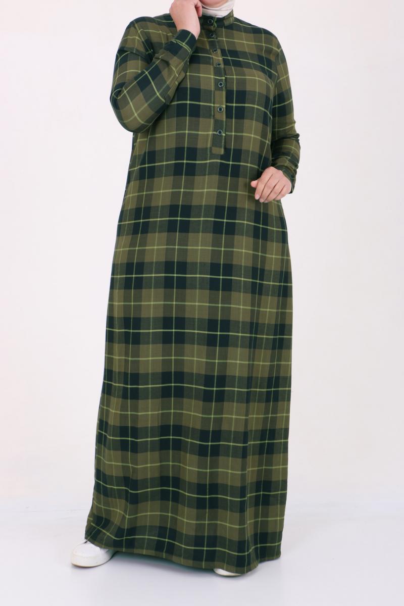 Women's Oversize Half Button Plaid Green Dress