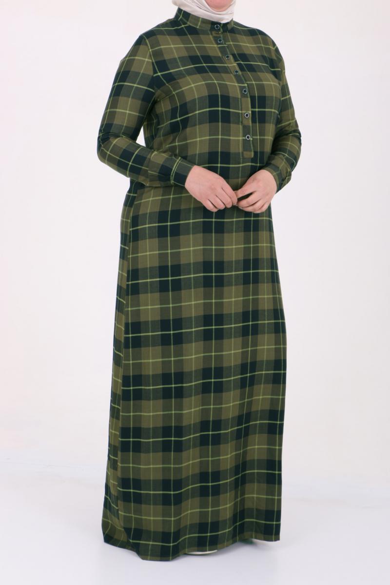 Women's Oversize Half Button Plaid Green Dress