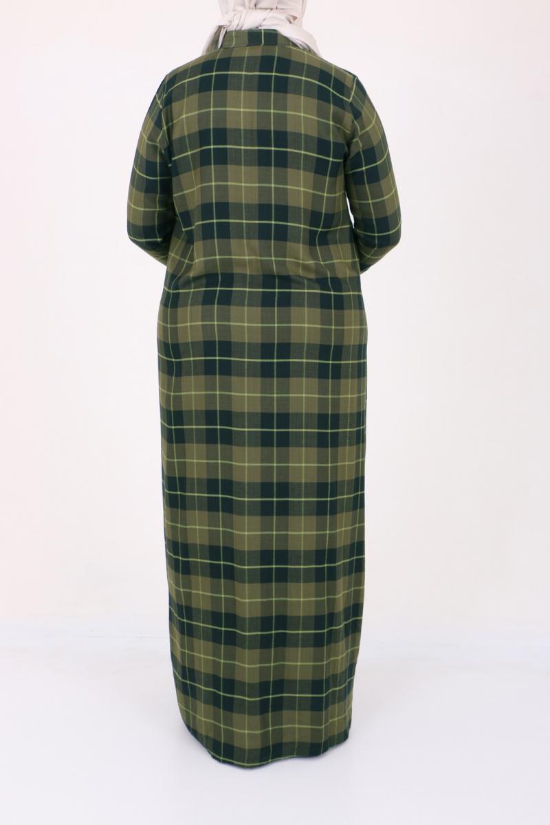 Women's Oversize Half Button Plaid Green Dress