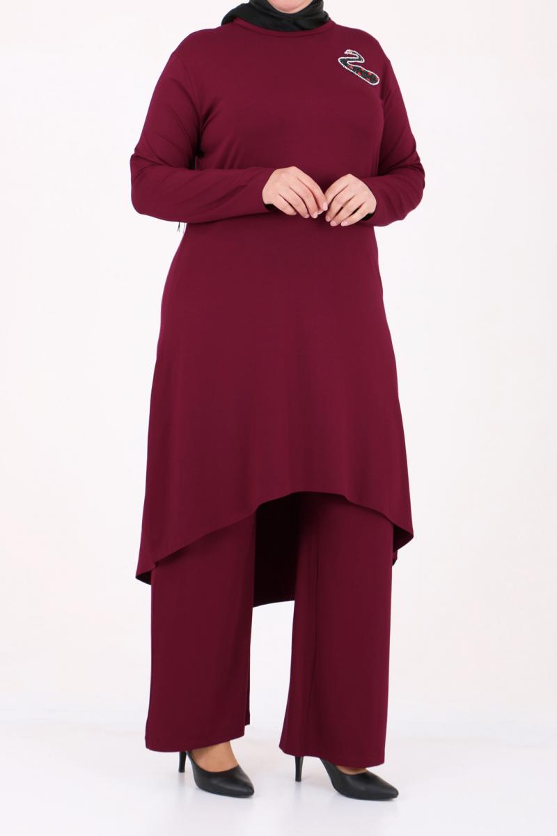 Women's Oversize Swan Crested Claret Red Combed Cotton Tunic Pants Set