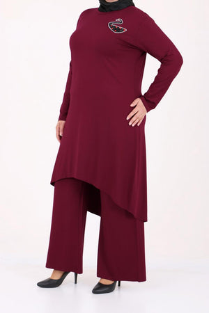 Women's Oversize Swan Crested Claret Red Combed Cotton Tunic Pants Set