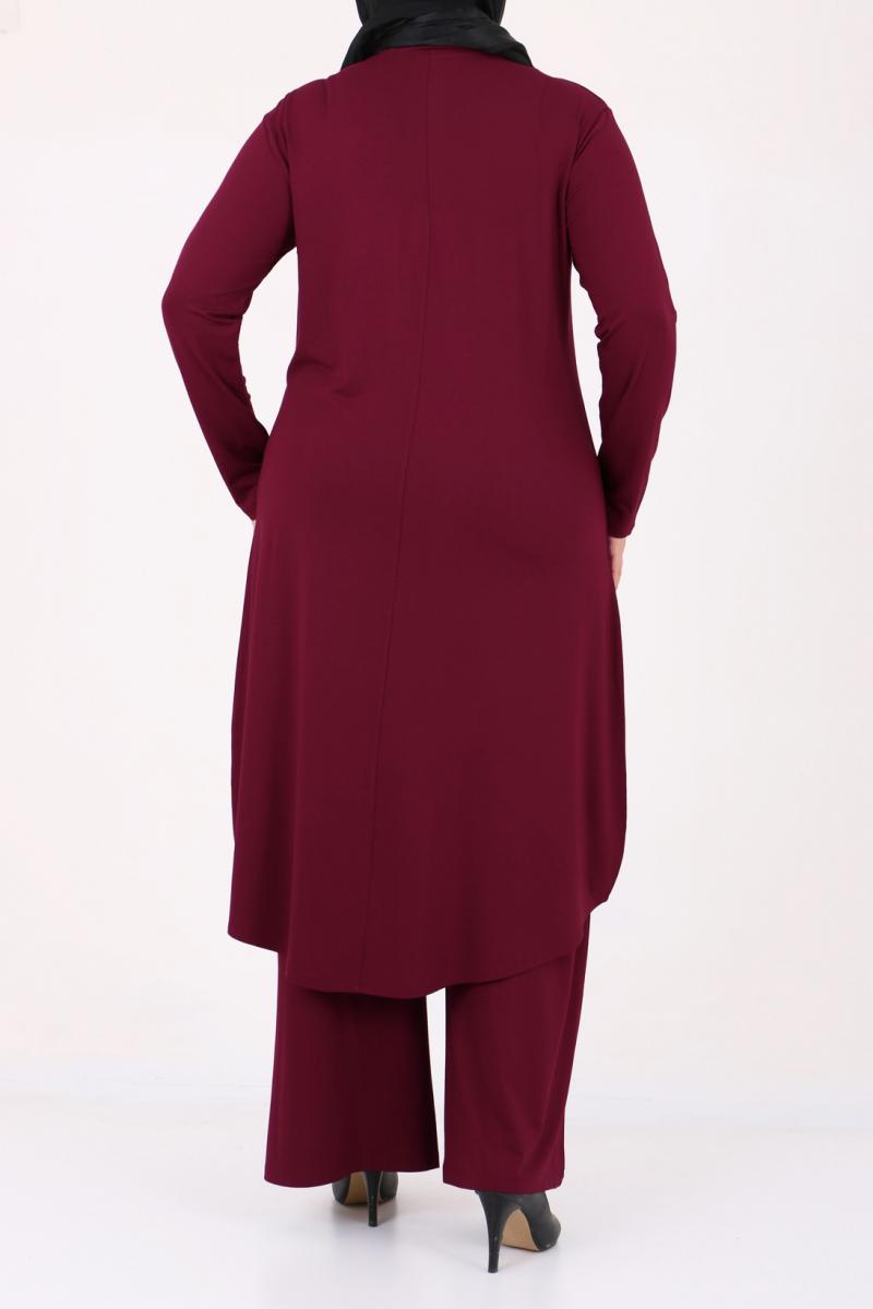 Women's Oversize Swan Crested Claret Red Combed Cotton Tunic Pants Set