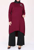 Women's Oversize Swan Crested Claret Red Combed Cotton Tunic Black Pants Set