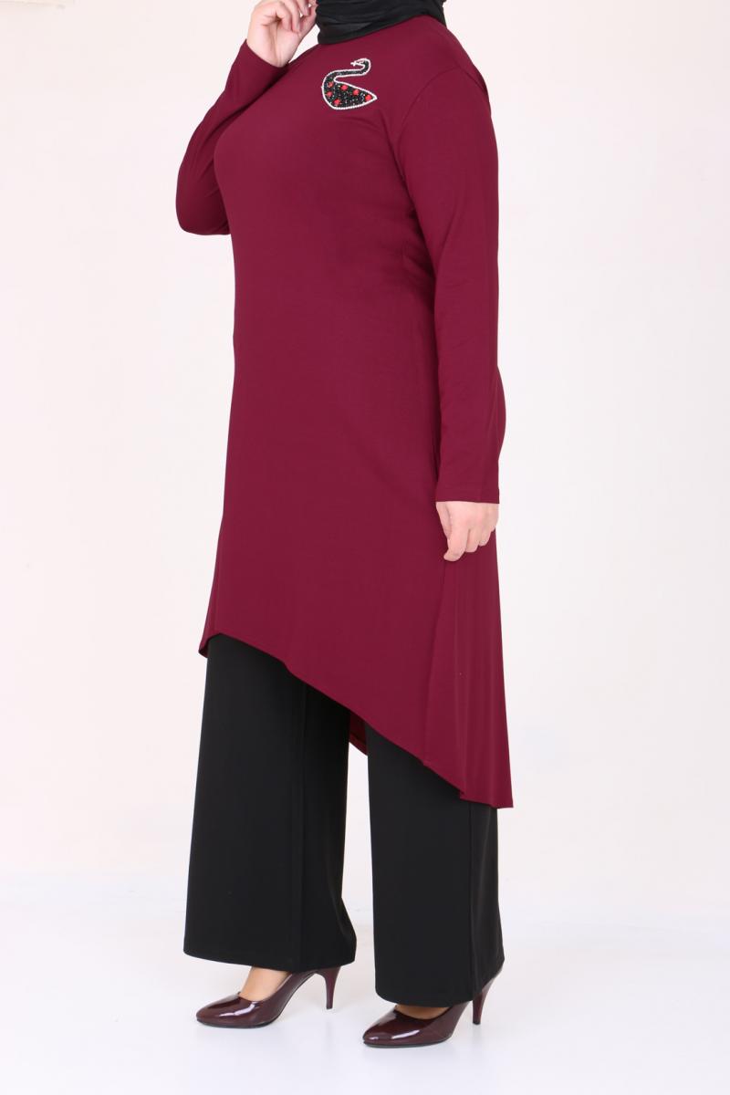 Women's Oversize Swan Crested Claret Red Combed Cotton Tunic Black Pants Set