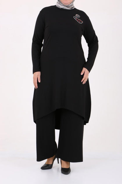 Women's Oversize Swan Crested Black Combed Cotton Tunic Pants Set