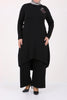 Women's Oversize Swan Crested Black Combed Cotton Tunic Pants Set