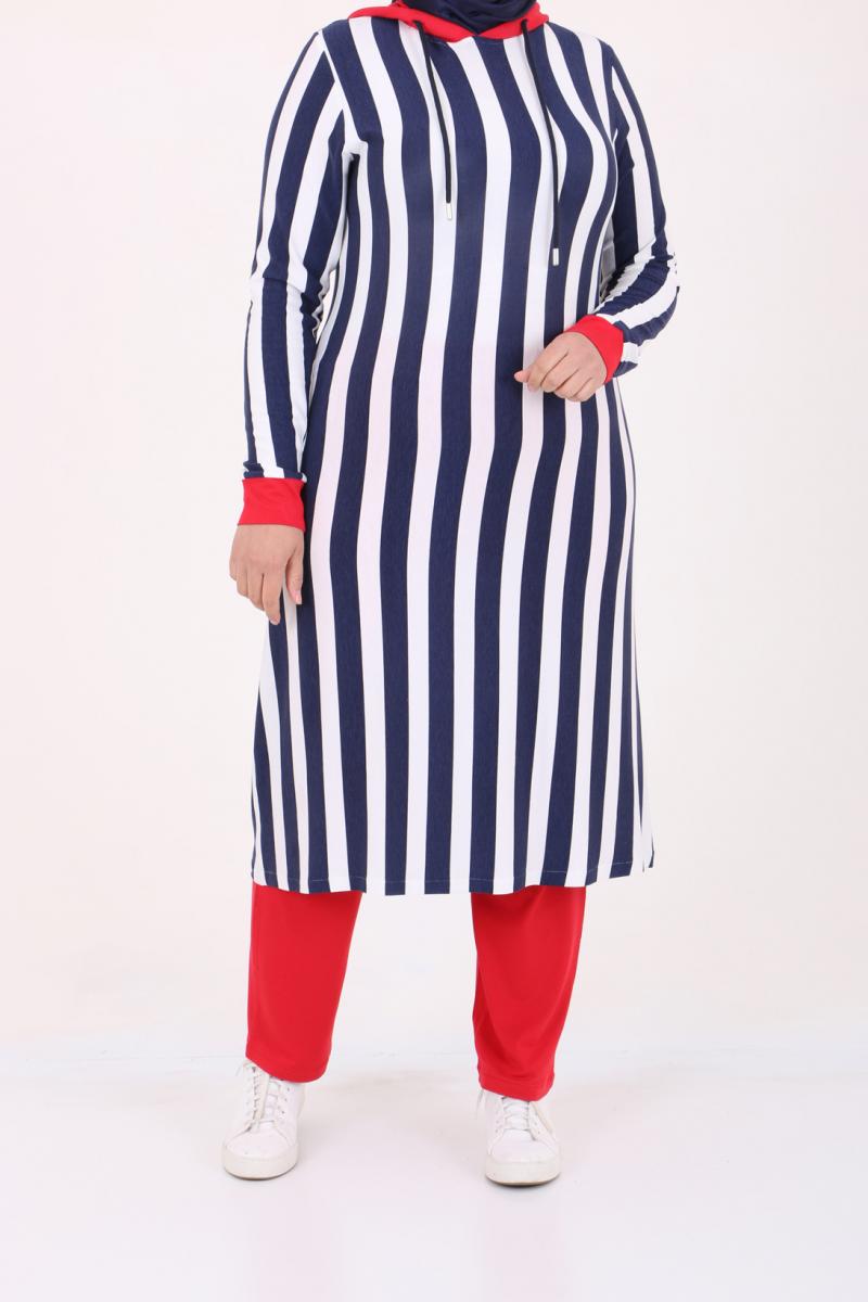 Women's Oversize Hooded Navy Blue White Striped Tunic Red Pants Set