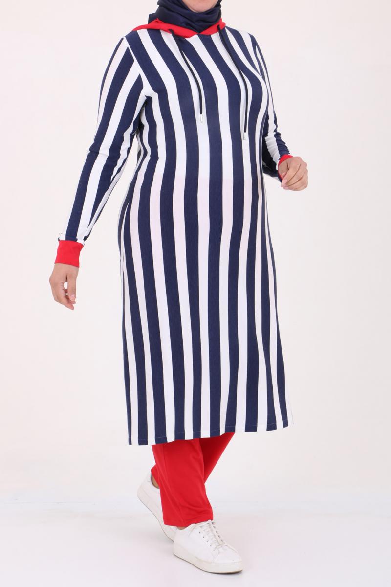 Women's Oversize Hooded Navy Blue White Striped Tunic Red Pants Set