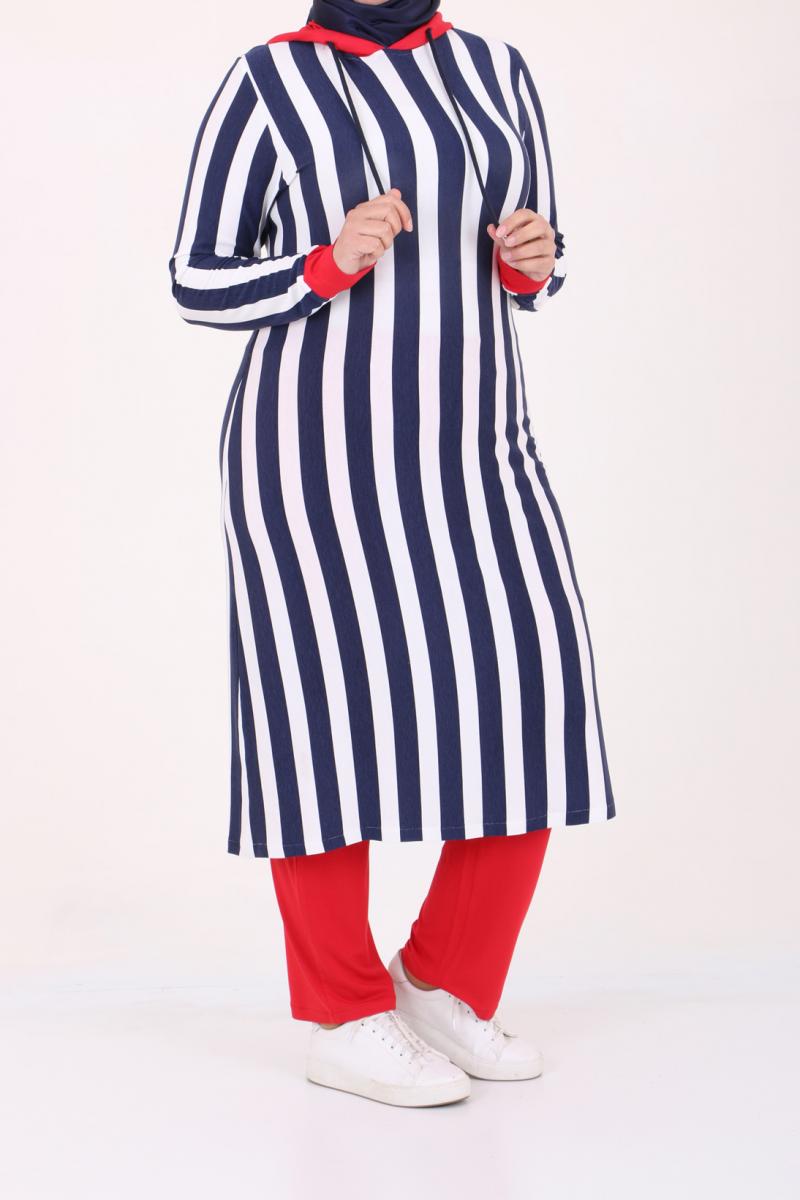 Women's Oversize Hooded Navy Blue White Striped Tunic Red Pants Set