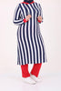 Women's Oversize Hooded Navy Blue White Striped Tunic Red Pants Set