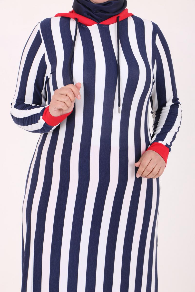 Women's Oversize Hooded Navy Blue White Striped Tunic Red Pants Set