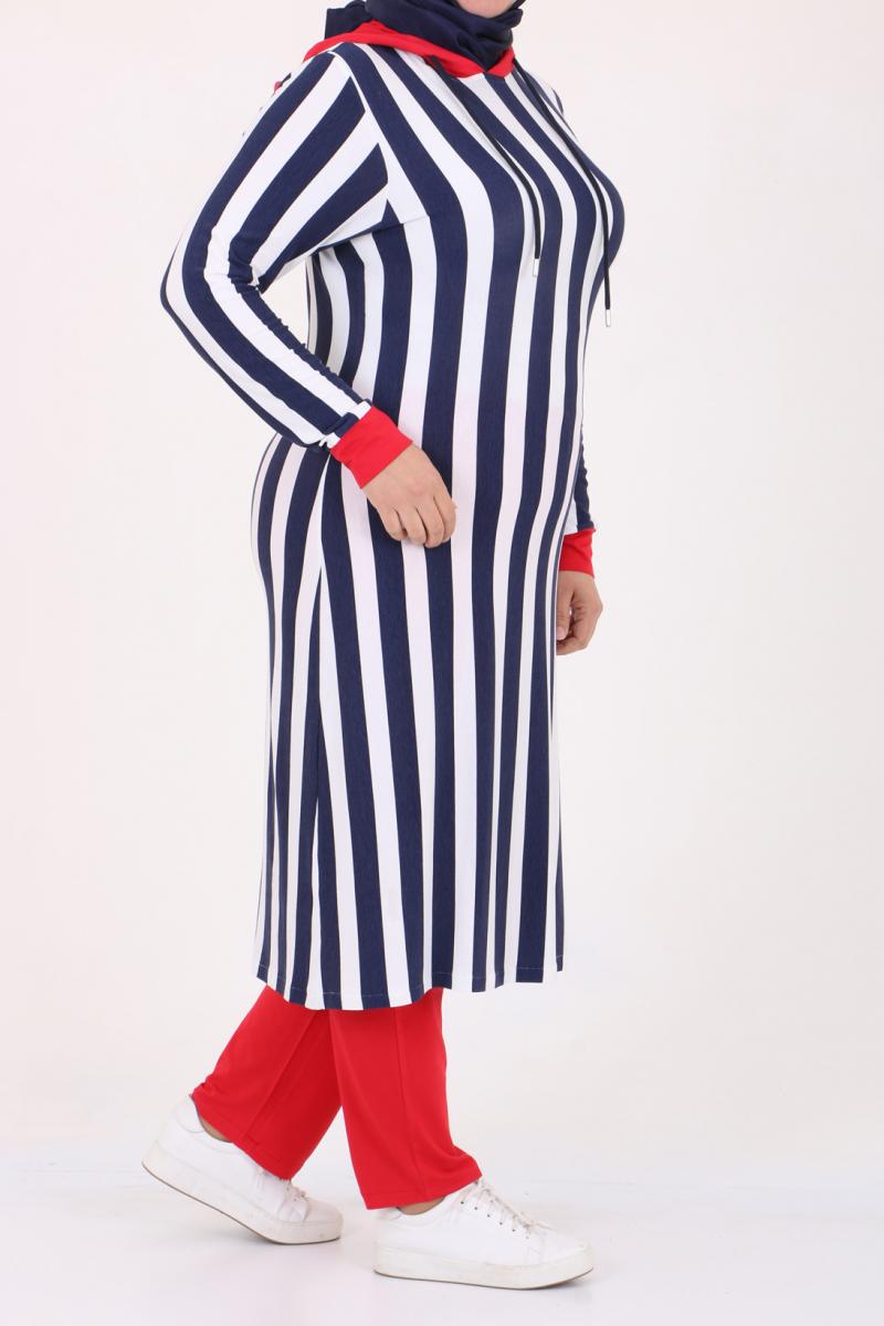 Women's Oversize Hooded Navy Blue White Striped Tunic Red Pants Set