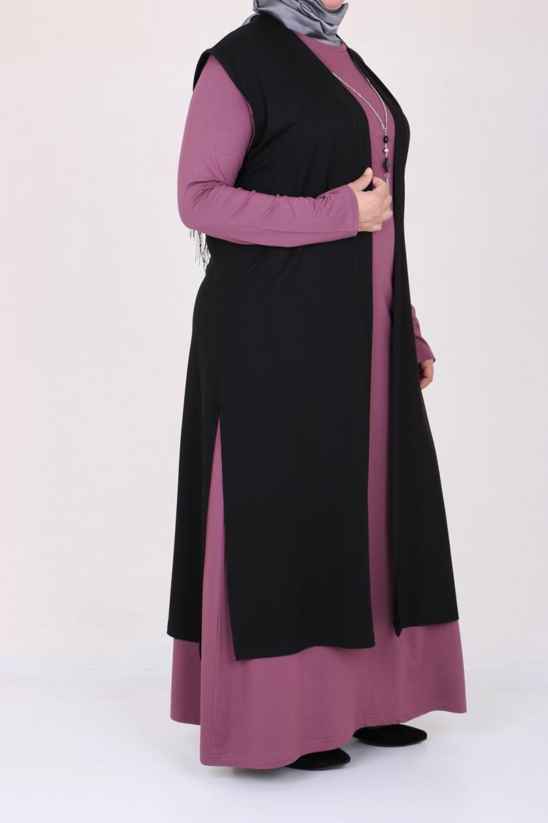 Women's Oversize Combed Cotton Dusty Rose Dress Black Cardigan