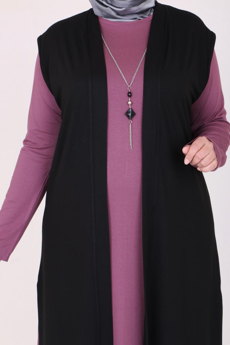 Women's Oversize Combed Cotton Dusty Rose Dress Black Cardigan