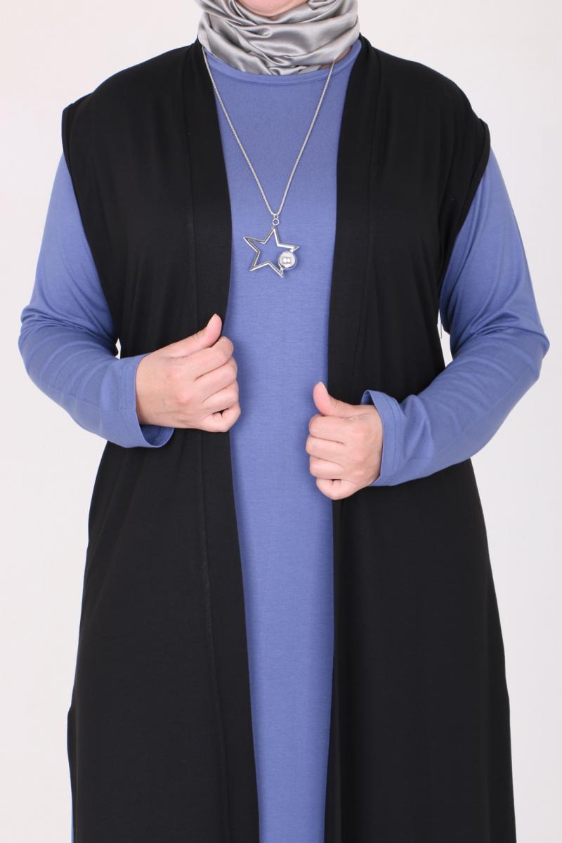 Women's Oversize Combed Cotton Indigo Dress Black Cardigan