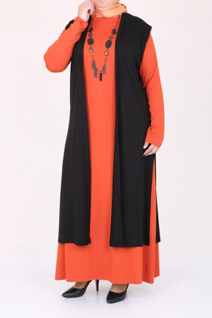 Women's Oversize Combed Cotton Tile Red Dress Black Cardigan