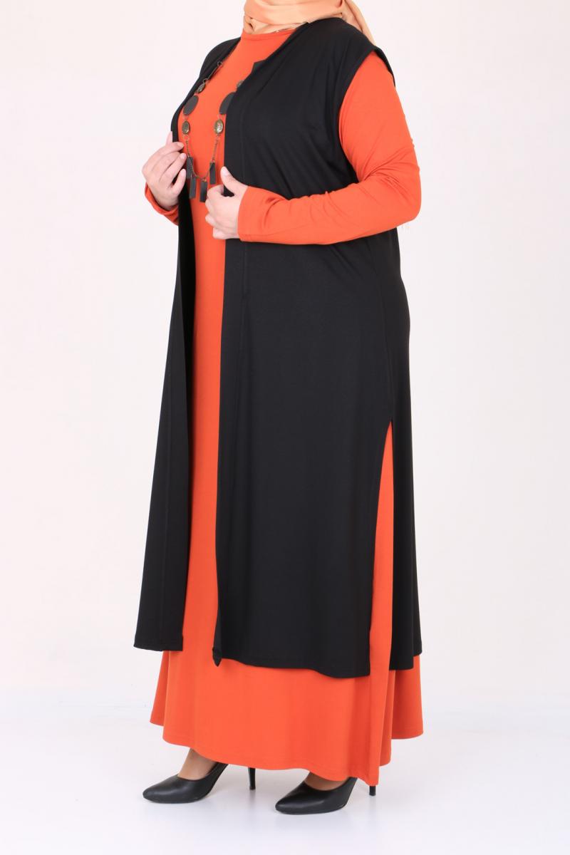 Women's Oversize Combed Cotton Tile Red Dress Black Cardigan