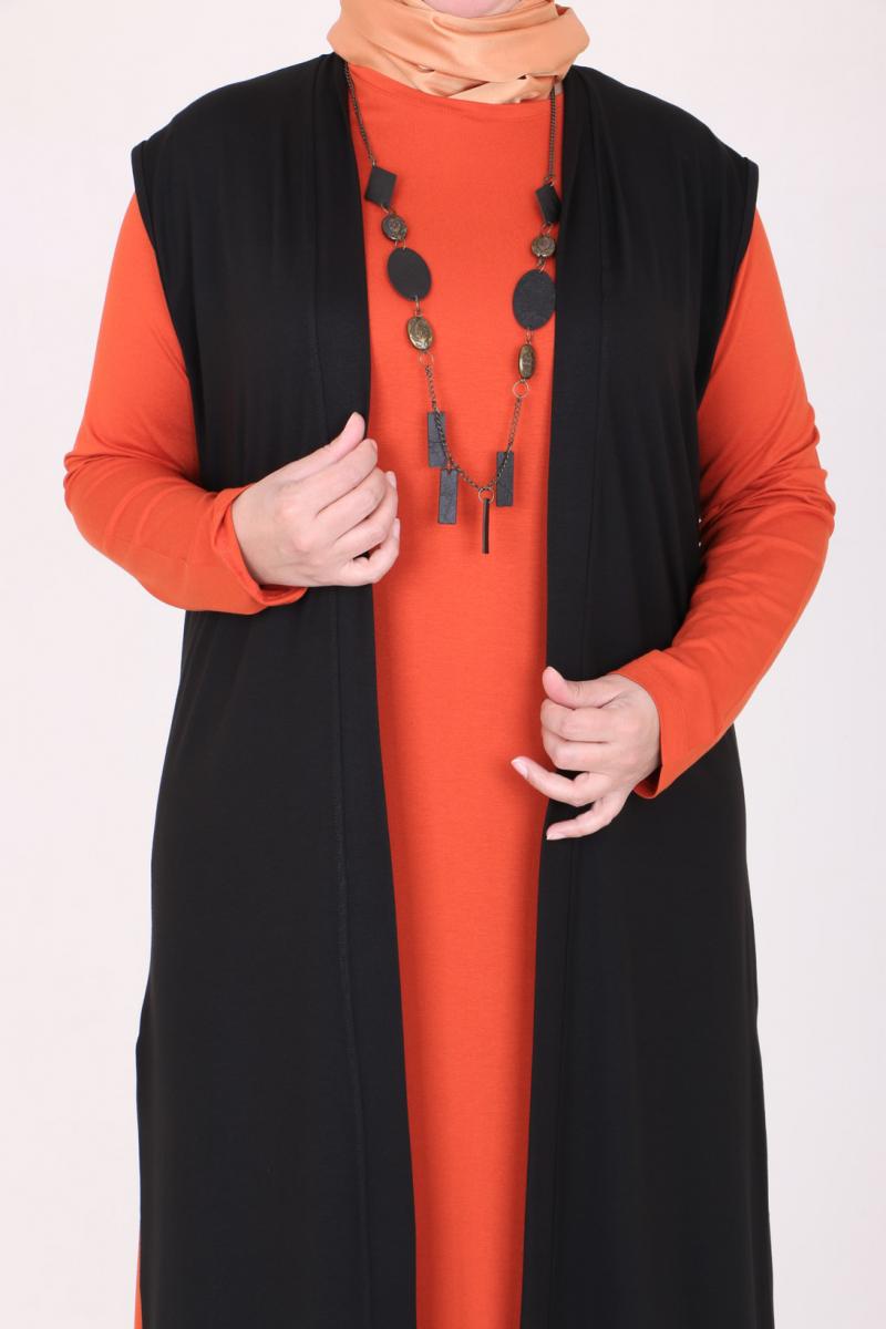 Women's Oversize Combed Cotton Tile Red Dress Black Cardigan