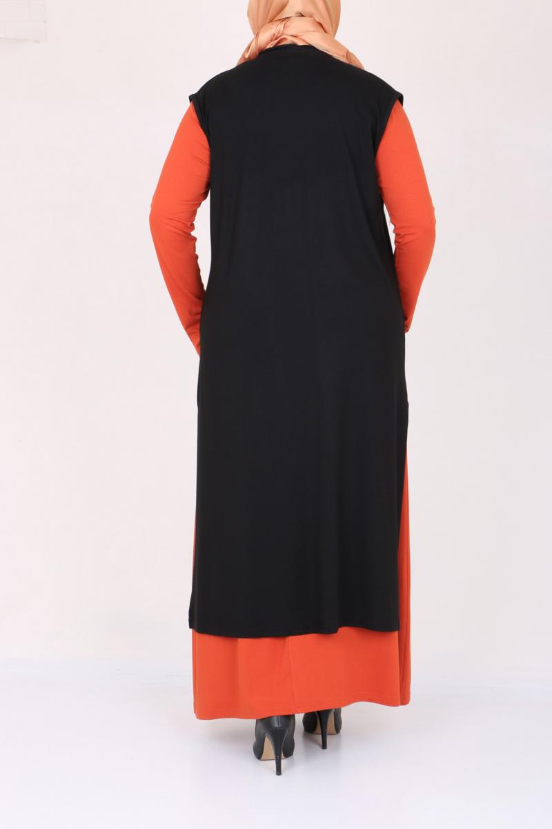 Women's Oversize Combed Cotton Tile Red Dress Black Cardigan