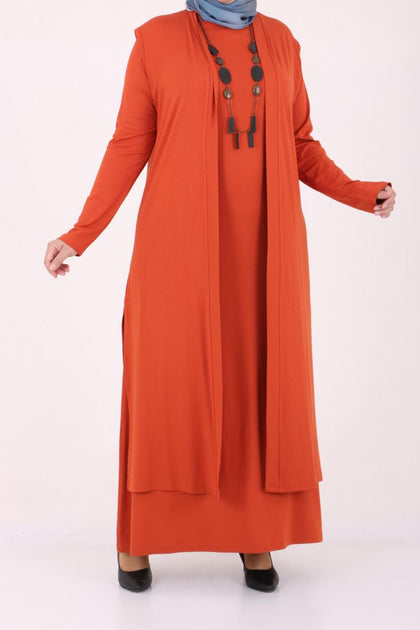 Women's Oversize Tile Red Combed Cotton Dress & Cardigan