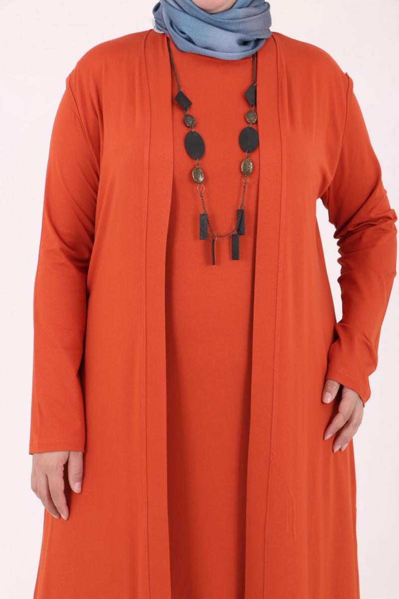 Women's Oversize Tile Red Combed Cotton Dress & Cardigan