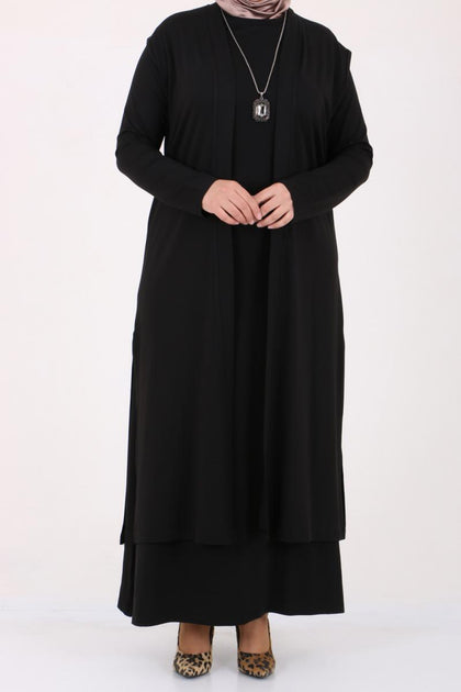 Women's Oversize Black Combed Cotton Dress & Cardigan