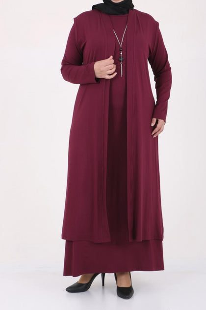 Women's Oversize Maroon Combed Cotton Dress & Cardigan