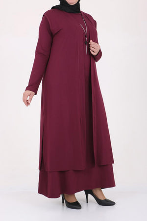 Women's Oversize Maroon Combed Cotton Dress & Cardigan