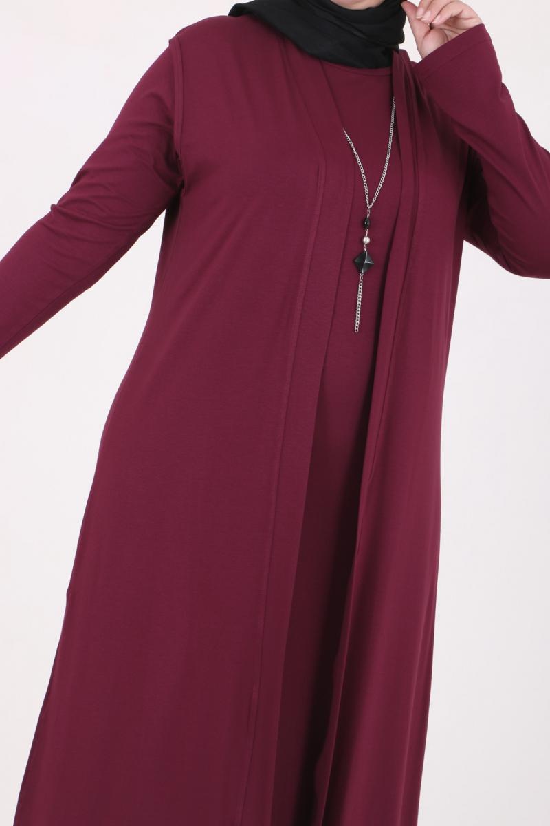 Women's Oversize Maroon Combed Cotton Dress & Cardigan