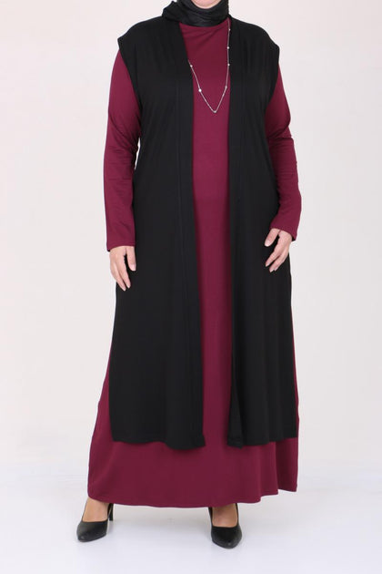 Women's Oversize Combed Cotton Maroon Dress Black Cardigan