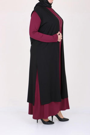 Women's Oversize Combed Cotton Maroon Dress Black Cardigan