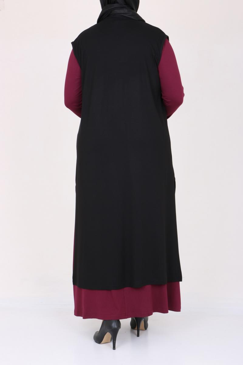 Women's Oversize Combed Cotton Maroon Dress Black Cardigan