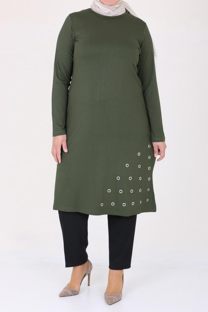 Women's Oversize Eyelets Detail Khaki Combed Cotton Tunic