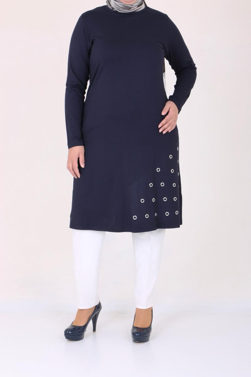 Women's Oversize Eyelets Detail Navy Blue Combed Cotton Tunic