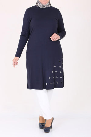 Women's Oversize Eyelets Detail Navy Blue Combed Cotton Tunic