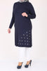 Women's Oversize Eyelets Detail Navy Blue Combed Cotton Tunic