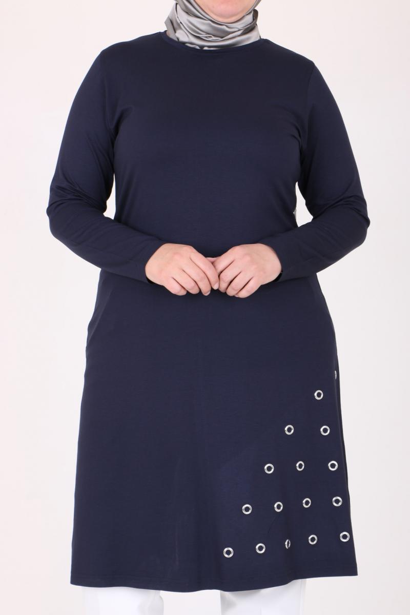 Women's Oversize Eyelets Detail Navy Blue Combed Cotton Tunic