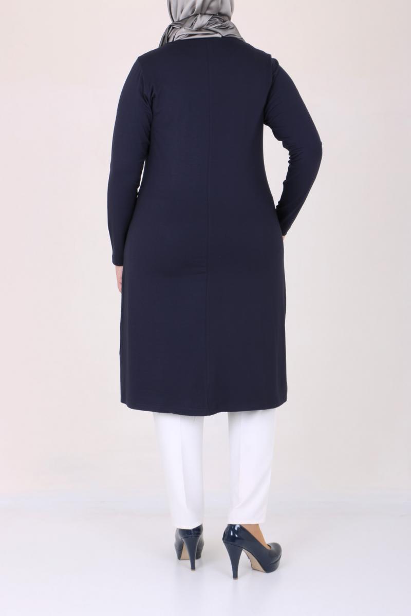 Women's Oversize Eyelets Detail Navy Blue Combed Cotton Tunic