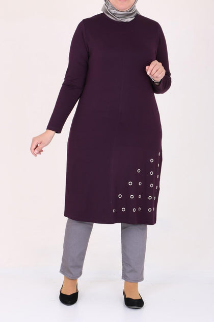 Women's Oversize Eyelets Detail Damson Combed Cotton Tunic