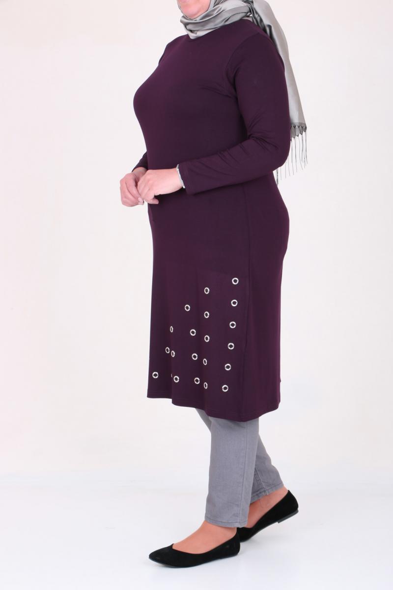 Women's Oversize Eyelets Detail Damson Combed Cotton Tunic