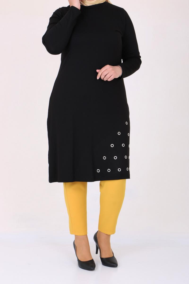 Women's Oversize Eyelets Detail Black Combed Cotton Tunic