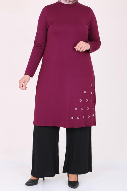 Women's Oversize Eyelets Detail Maroon Combed Cotton Tunic