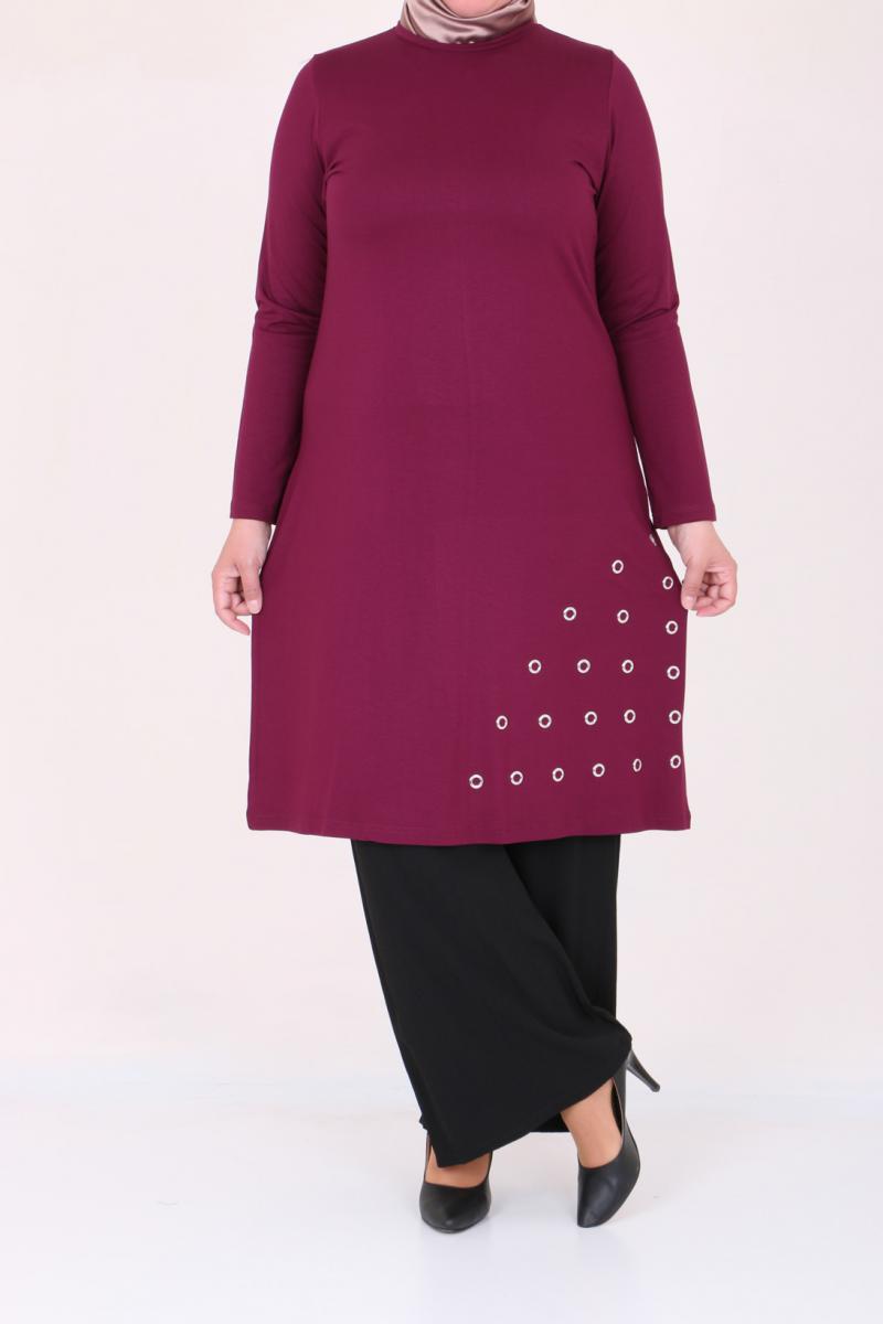 Women's Oversize Eyelets Detail Maroon Combed Cotton Tunic