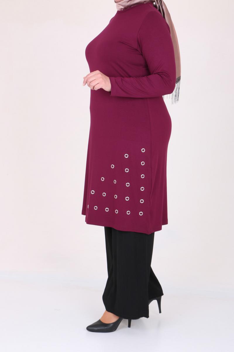 Women's Oversize Eyelets Detail Maroon Combed Cotton Tunic